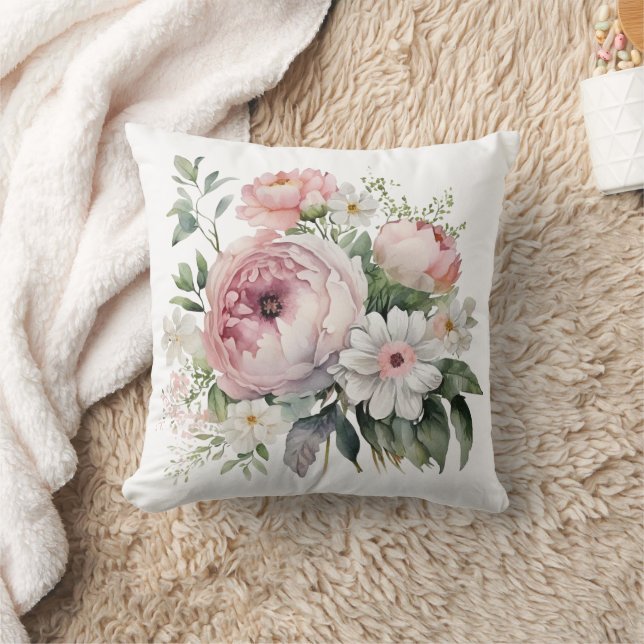 Pink White Floral Greenery Peonies Flowers Throw Pillow (Blanket)