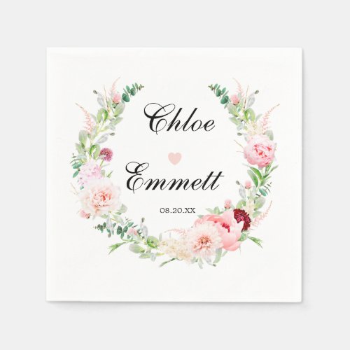 Pink White Floral Heart Romantic Wedding Napkins