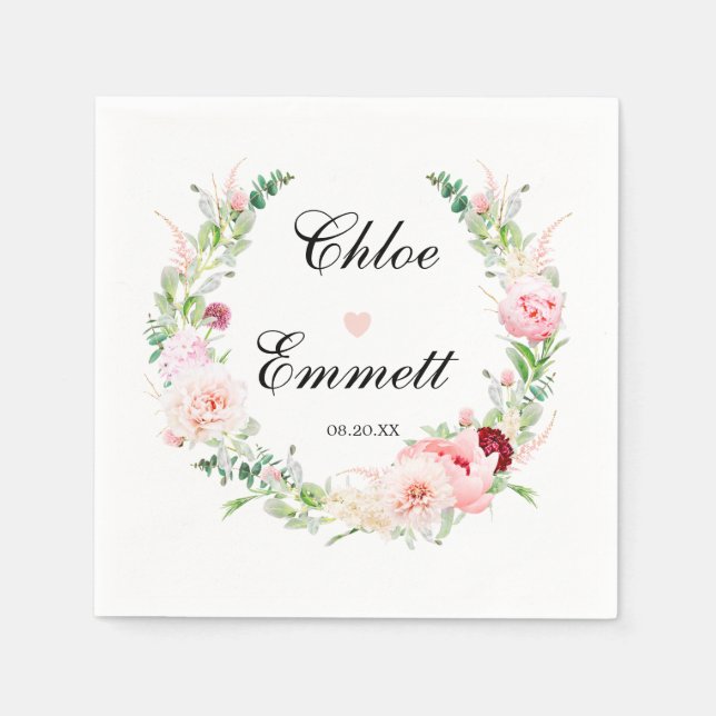 Pink White Floral Heart Romantic Wedding Napkins (Front)