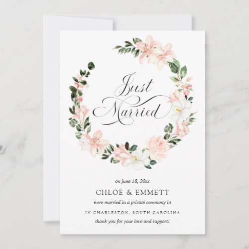 Pink White Floral Just Married Elopement Announcement