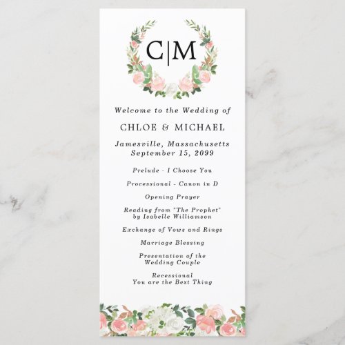 Pink White Floral Monogram Wreath Wedding Program
