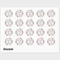 Blush Pink Watercolor Bloom Monogram Classic Round Sticker, Zazzle