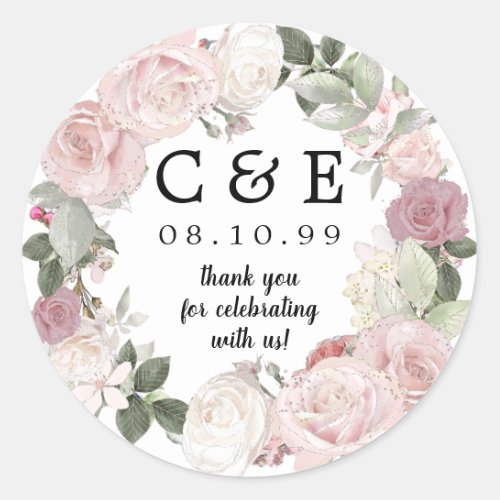 Pink White Floral Monogrammed Wedding Thank You Classic Round Sticker
