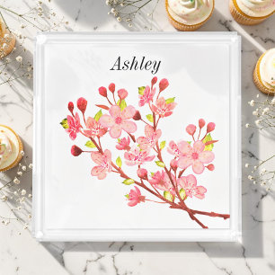 Pink White Floral Nature Cherry Blossom Acrylic Tray