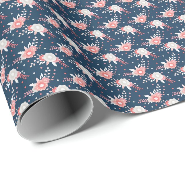 Pink White Floral Navy Blue Wrapping Paper (Roll Corner)