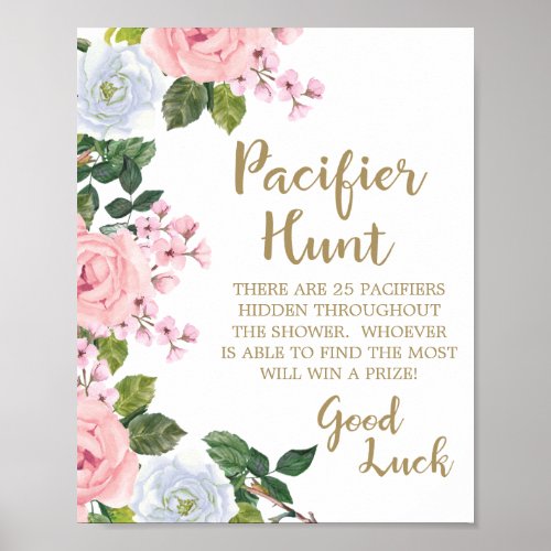 Pink White Floral Pacifier Hunt Baby Shower Poster