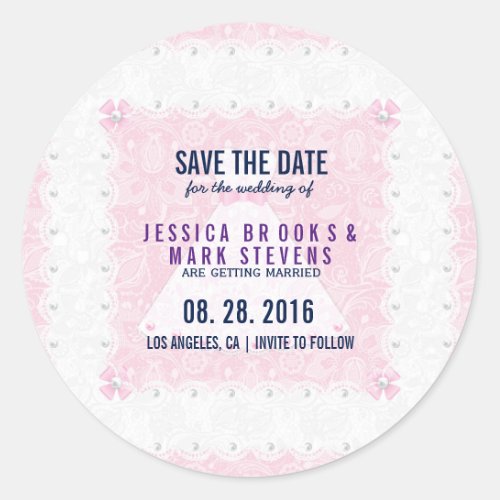 Pink White Floral Paisley Lace_Save The Date Classic Round Sticker