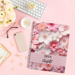 Pink white floral pattern name script 2024 planner<br><div class="desc">Pink and white colored flower pattern.  Personalize and add a year (any year) and your name. The name is written with a modern hand lettered style script</div>