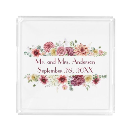 Pink White Floral Personalized Names Wedding Date  Acrylic Tray