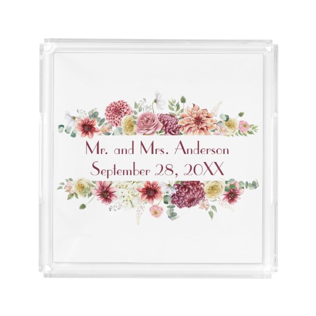 Pink White Floral Personalized Names Wedding Date  Acrylic Tray (Front)