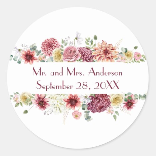 Pink White Floral Personalized Names Wedding Date Classic Round Sticker