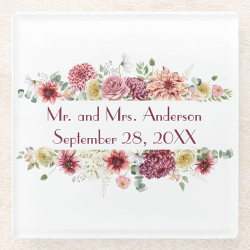 Pink White Floral Personalized Names Wedding Date Glass Coaster