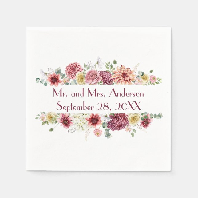 Pink White Floral Personalized Names Wedding Date  Napkins (Front)