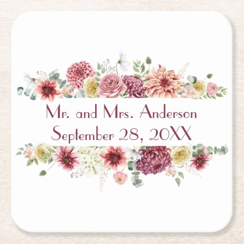 Pink White Floral Personalized Names Wedding Date  Square Paper Coaster