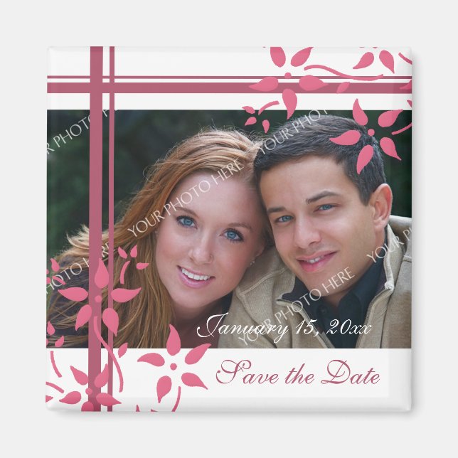 Pink & White Floral Photo Save the Date Magnet (Front)