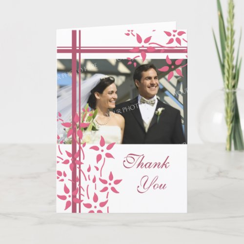 Pink  White Floral Photo Wedding Thank You Card