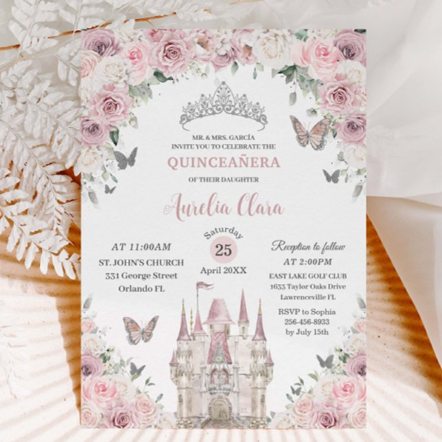 Pink White Floral Princess Castle Quinceañera XV  Invitation (light-dusty-pink-white-floral-princess-castle-silver-Quinceañera-15th-sweet-16-birthday-party-invite)