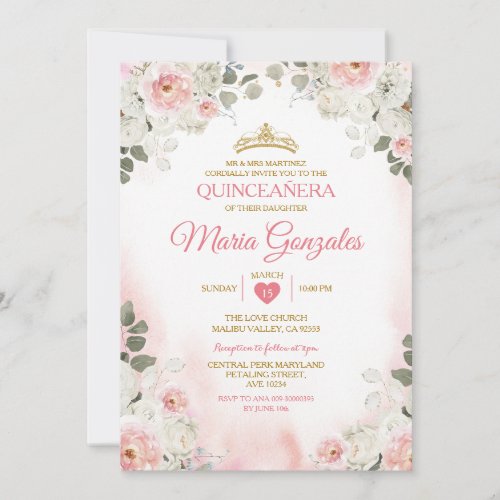 Pink  White Floral Quinceaera Gold Crown Mexican Invitation