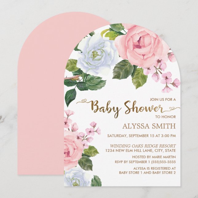Pink White Floral Roses Arch Baby Shower Invitation (Front/Back)