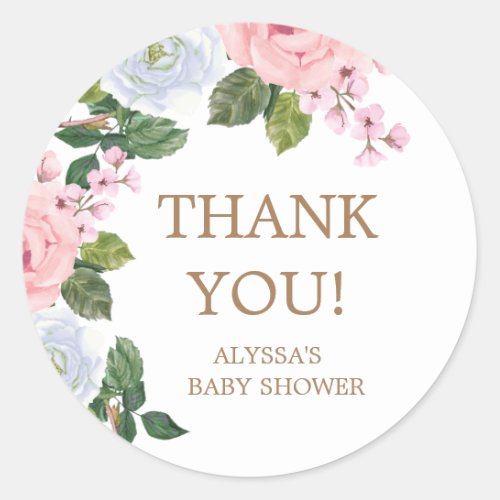 Pink White Floral Roses Baby Shower Thank You Classic Round Sticker