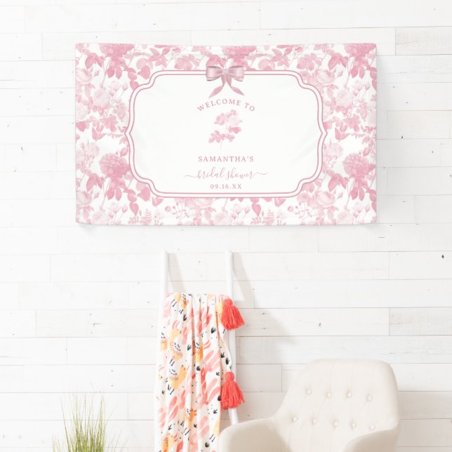 Pink White Floral Roses Chinoiserie Bridal Shower  Banner (Insitu)