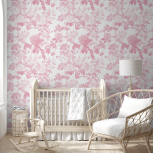 Pink White Floral Roses Chinoiserie Girl Nursery Wallpaper
