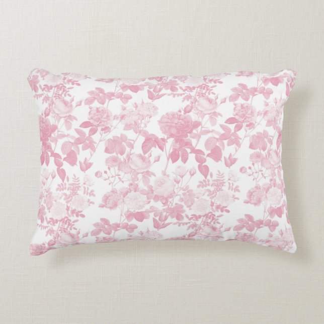 Pink White Floral Roses Chinoiserie Pattern Accent Pillow (Front)