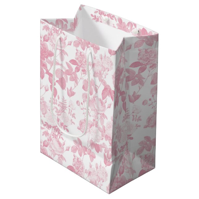 Pink White Floral Roses Chinoiserie Pattern Medium Gift Bag (Front Angled)