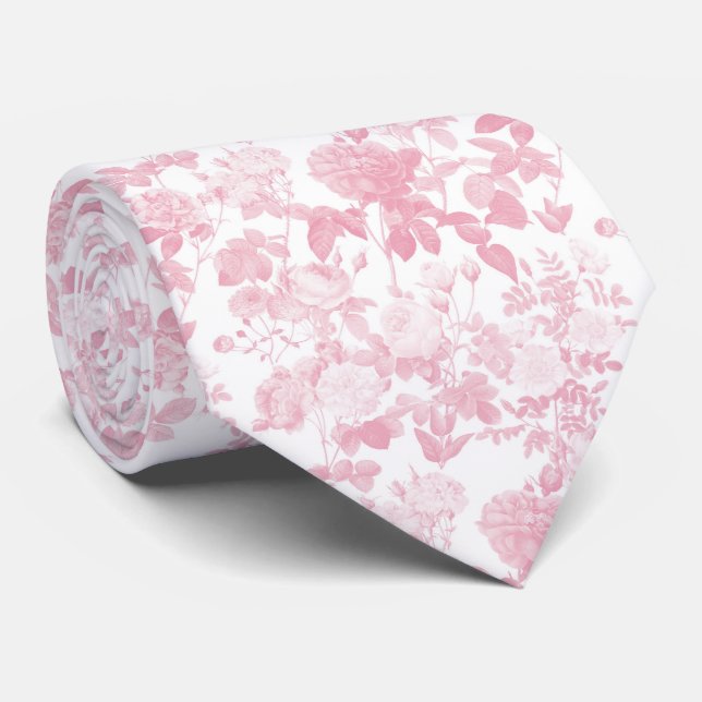 Pink White Floral Roses Chinoiserie Pattern Neck Tie (Rolled)