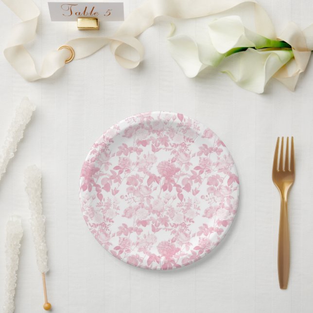 Pink White Floral Roses Chinoiserie Pattern Paper Plates (Wedding)