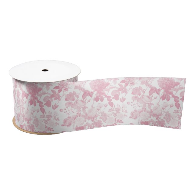 Pink White Floral Roses Chinoiserie Pattern Satin Ribbon (Spool)