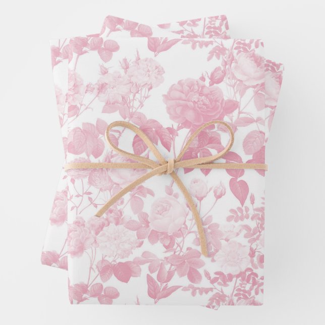Pink White Floral Roses Chinoiserie Pattern Wrapping Paper Sheets (In situ)