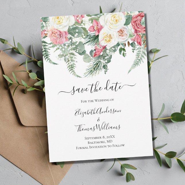 Pink White Floral Roses Greenery Save the Date  Invitation (Creator Uploaded)