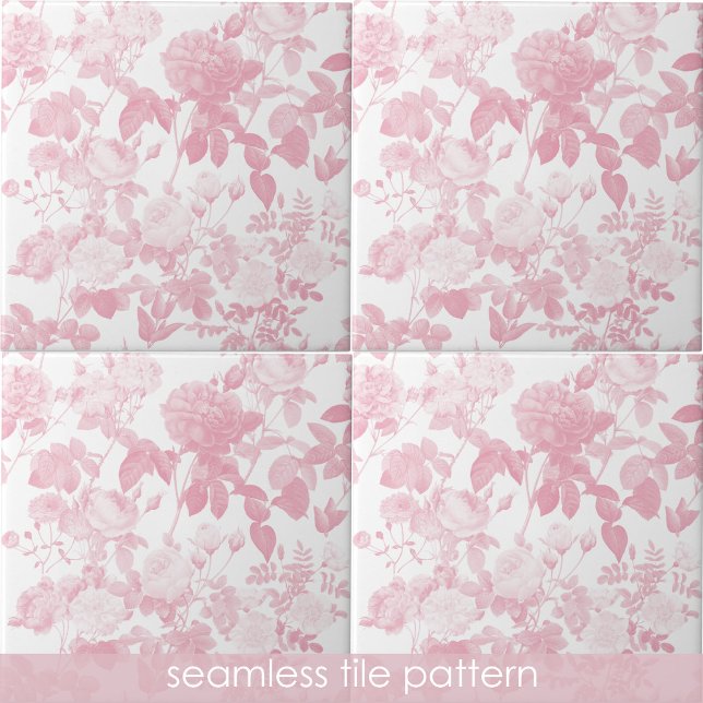 Pink White Floral Roses Pattern Ceramic Tile (Pink White Floral Roses Pattern Ceramic Tile)