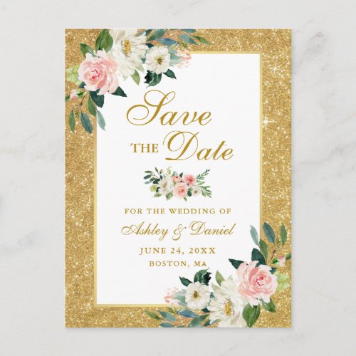 Pink White Floral Save the Date Gold Glitter Announcement Postcard