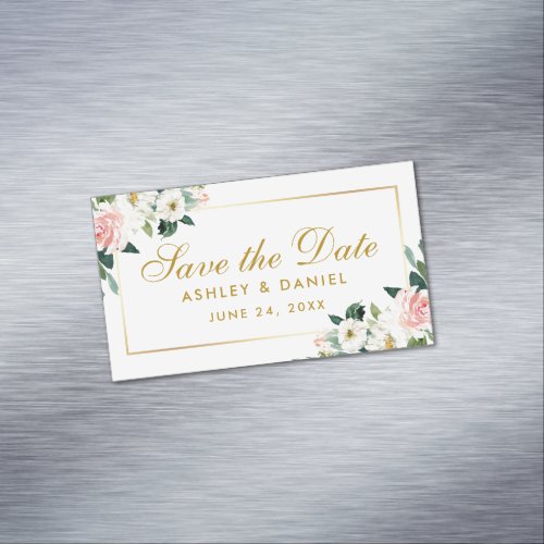 Pink White Floral Save The Date Mini Magnet