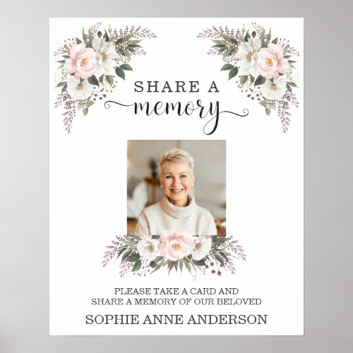 Pink White Floral Share a Memory Funeral Card Sign