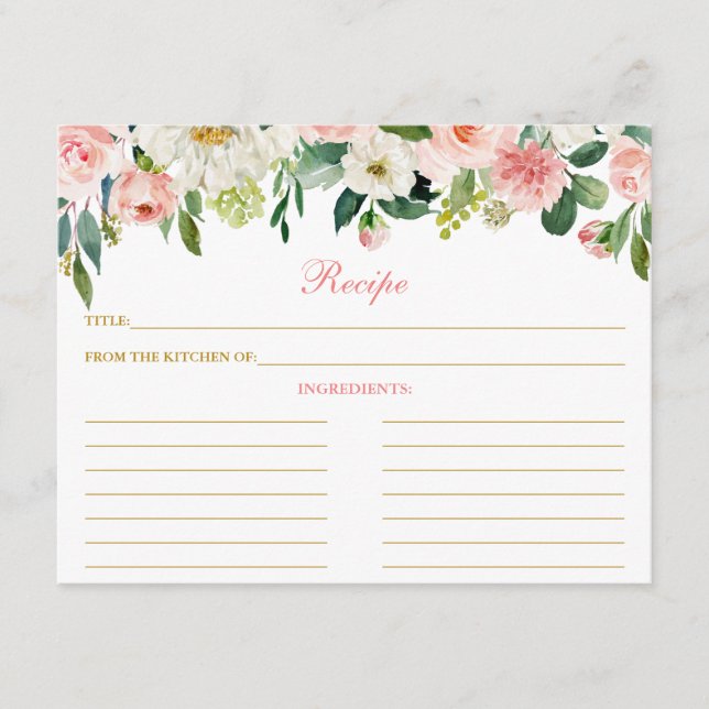 Pink White Floral Shower Recipe Card Gold (Front)
