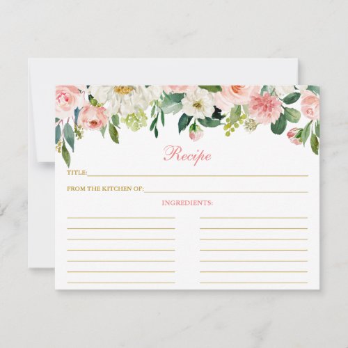 Pink White Floral Shower Recipe Card Gold