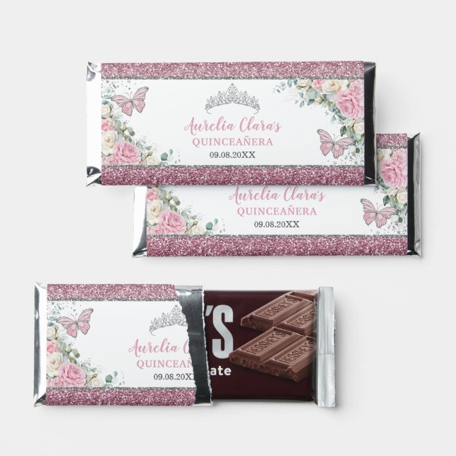 Pink White Floral Silver Quinceañera Butterflies Hershey Bar Favors (Front)