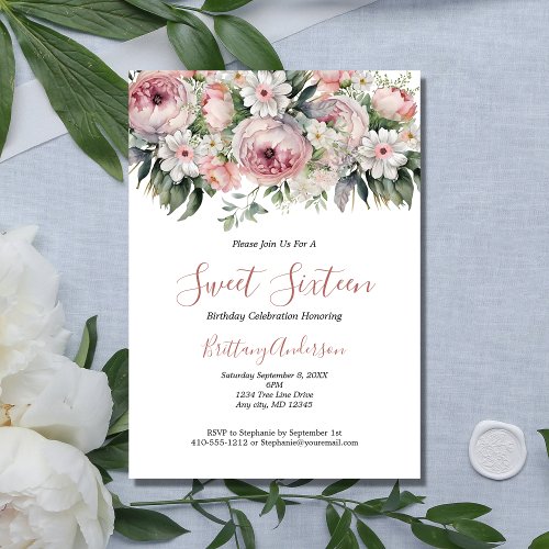 Pink White Floral Sweet Sixteen 16 Birthday Invitation