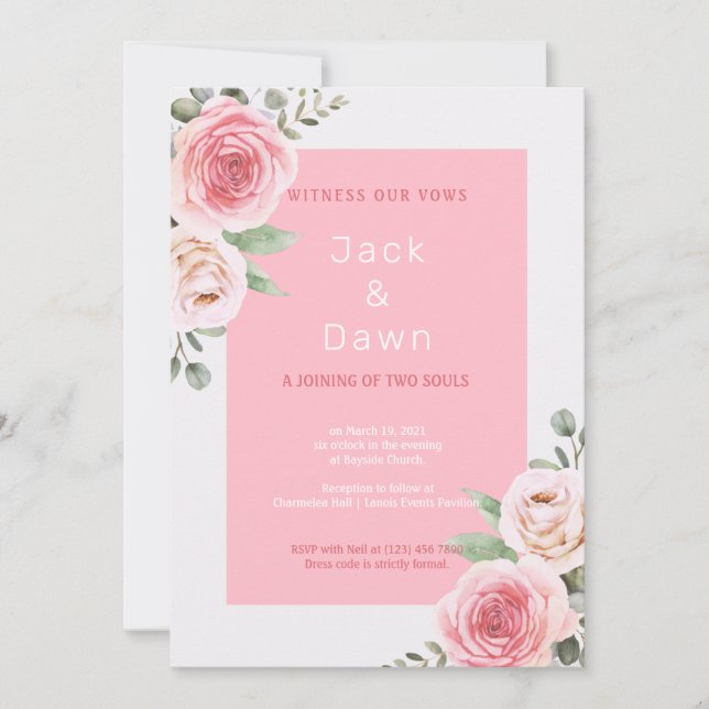 Pink & White Floral Watercolor Wedding Invitation (Front)
