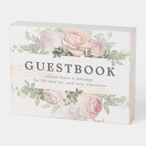 Pink White Floral Wedding Guestbook Wooden Box Sign