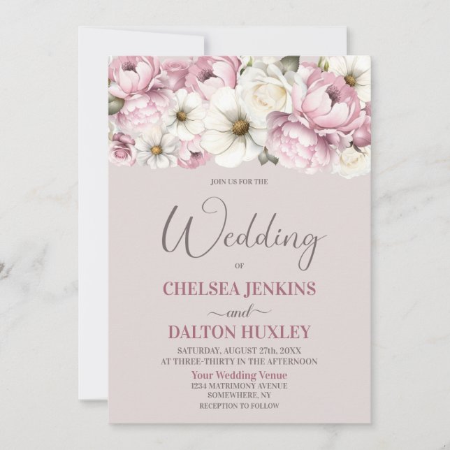 Pink White Floral Wedding Invitation (Front)
