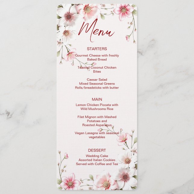 Pink White Floral Wedding Menu (Front)