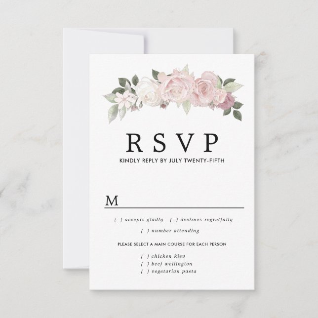 Pink White Floral Wedding RSVP Card, Meal Options (Front)