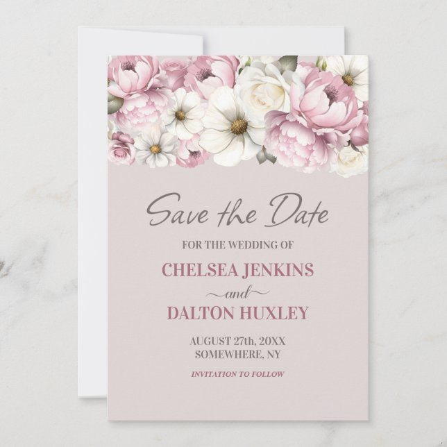 Pink White Floral Wedding Save the Date  (Front)