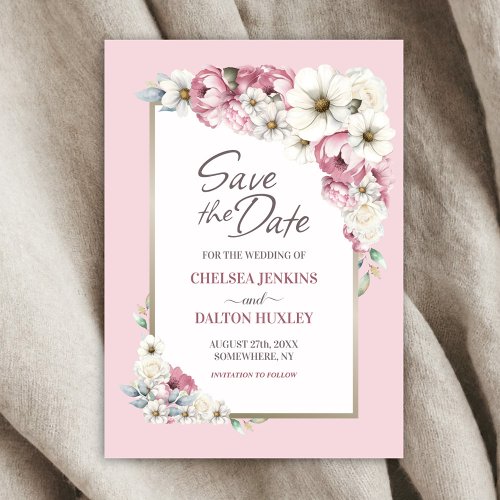 Pink White Floral Wedding Save the Date 