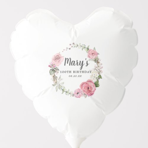 Pink White Floral Wreath 100th Birthday Heart Balloon