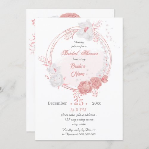 pink  white floral wreath bridal shower invitation
